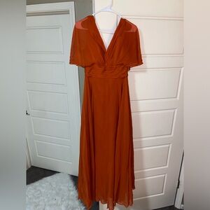 Orange Maxi Gown with Plunge Neckline and Flutter Sleeves for Wedding Guest